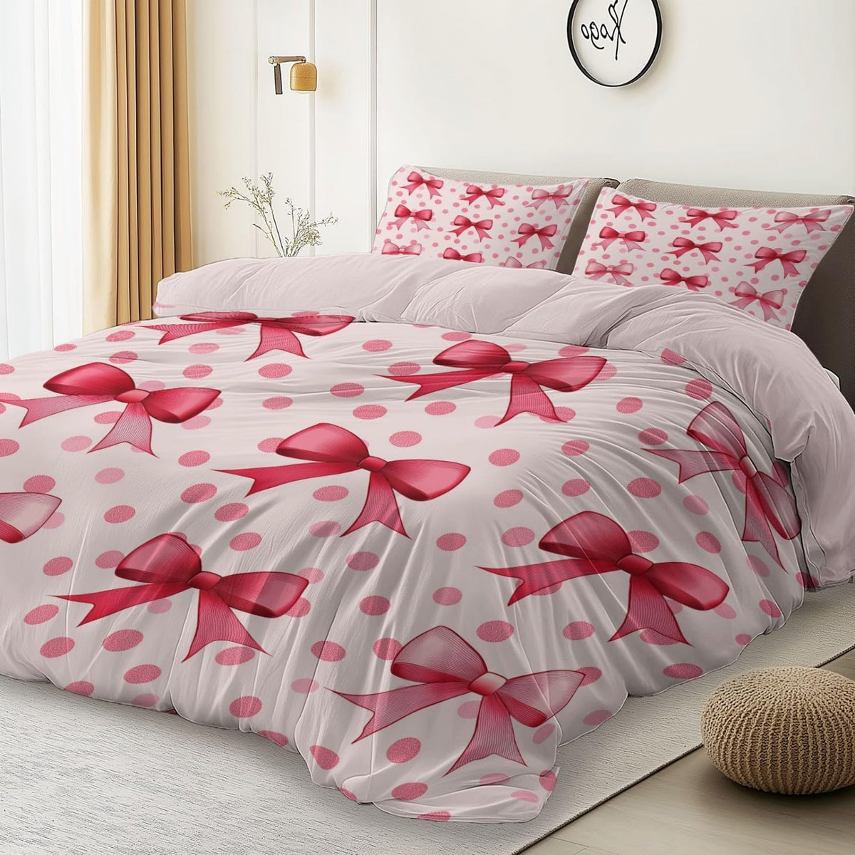 Duvet Cover King Size 104"x90" Bows Polka Dots Ribbons Printed Peach Pink Reversible Duvet Covers Set with Zipper Closure, Soft and Breathable Microfiber Bedding Set for All Seasons, Sweet Style