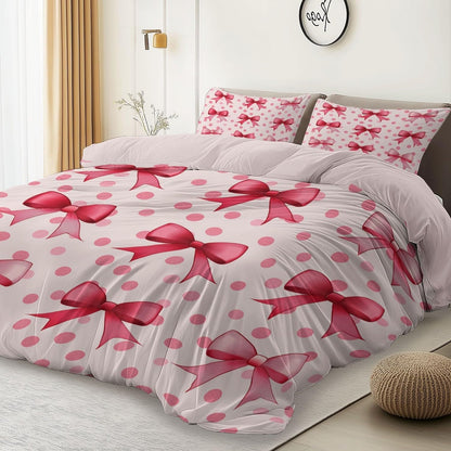 Duvet Cover King Size 104"x90" Bows Polka Dots Ribbons Printed Peach Pink Reversible Duvet Covers Set with Zipper Closure, Soft and Breathable Microfiber Bedding Set for All Seasons, Sweet Style