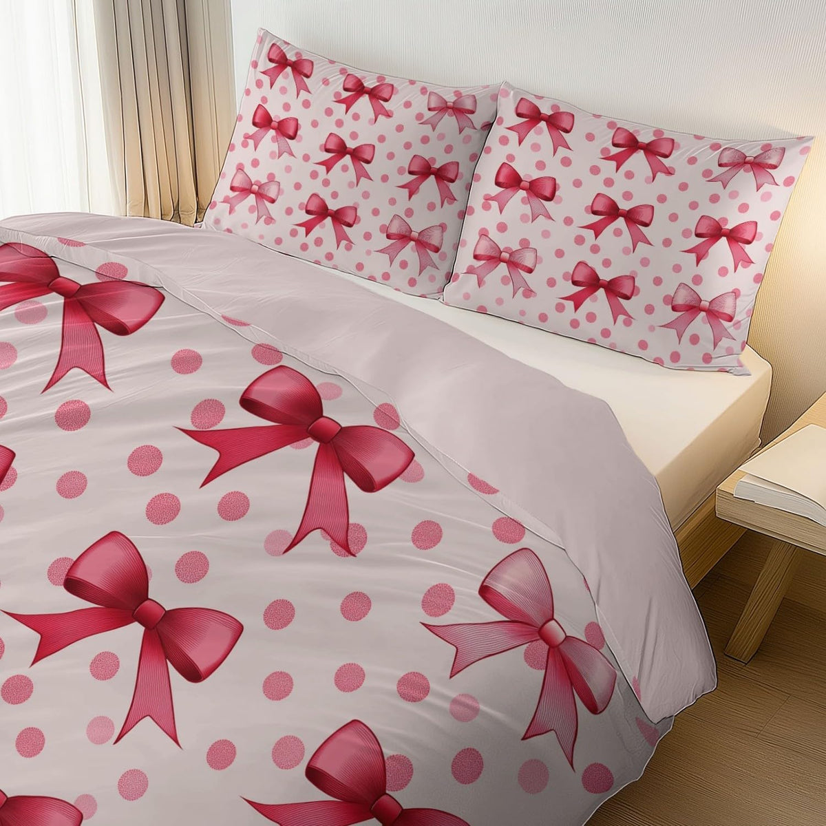 Duvet Cover King Size 104"x90" Bows Polka Dots Ribbons Printed Peach Pink Reversible Duvet Covers Set with Zipper Closure, Soft and Breathable Microfiber Bedding Set for All Seasons, Sweet Style