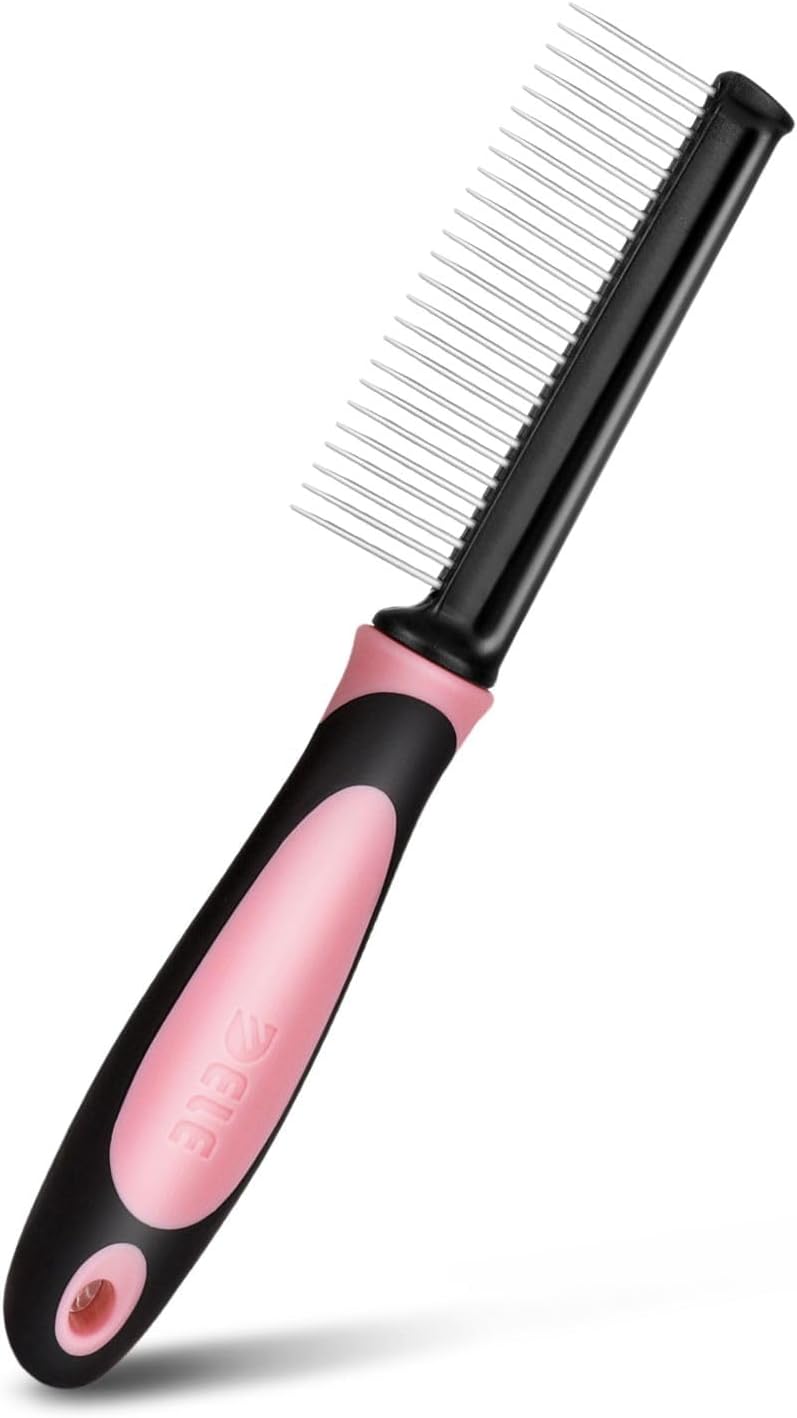 Metal Pet Comb for Cats & Dogs - Sturdy Stainless Steel Rounded Teeth with Non-Slip Soft Grip Handle Easy to Use Grooming Detangling Cat Combs for Indoor Cats, Pink