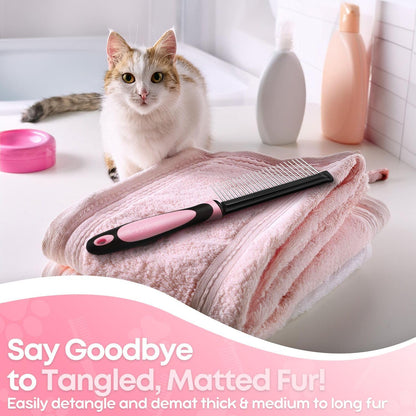 Metal Pet Comb for Cats & Dogs - Sturdy Stainless Steel Rounded Teeth with Non-Slip Soft Grip Handle Easy to Use Grooming Detangling Cat Combs for Indoor Cats, Pink