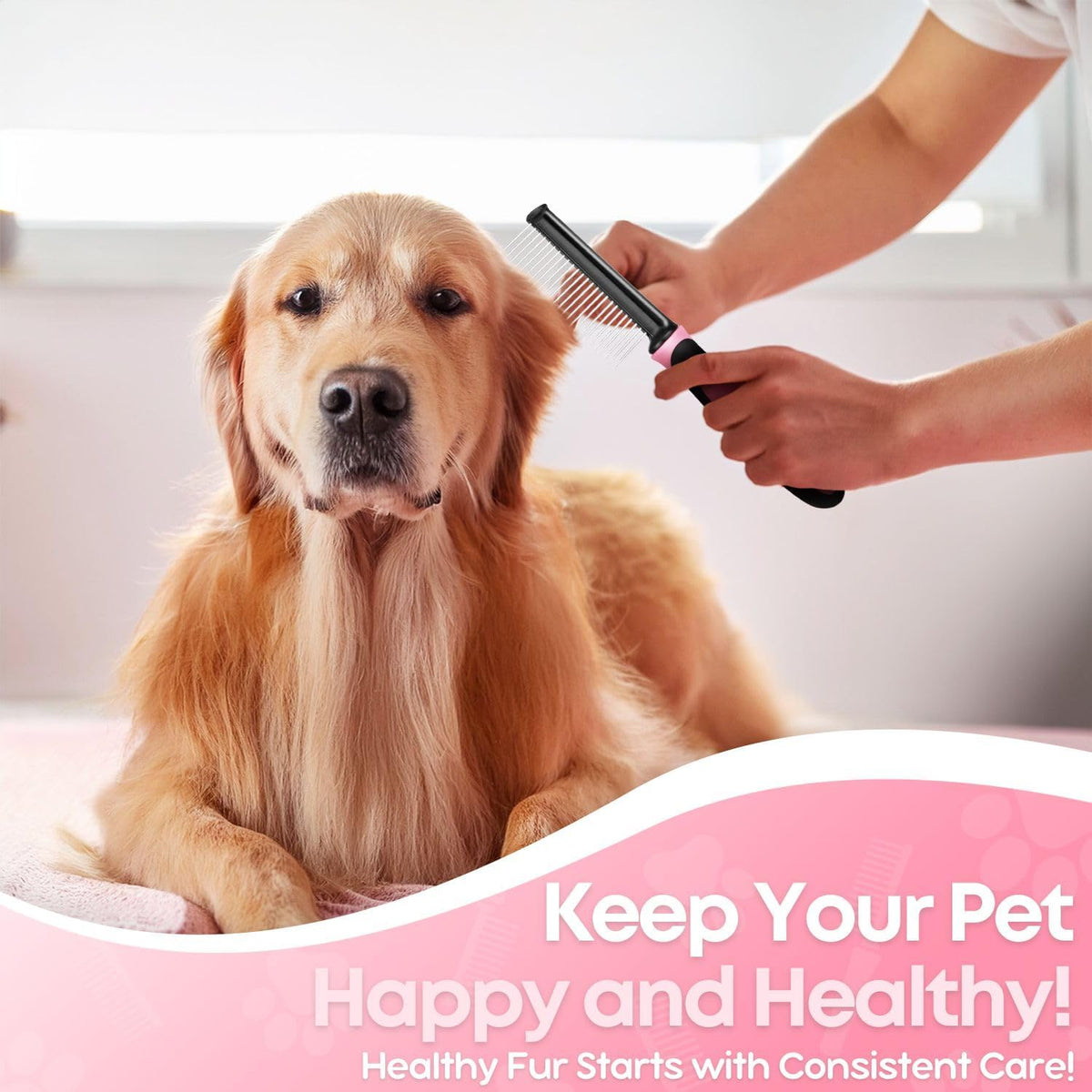 Metal Pet Comb for Cats & Dogs - Sturdy Stainless Steel Rounded Teeth with Non-Slip Soft Grip Handle Easy to Use Grooming Detangling Cat Combs for Indoor Cats, Pink