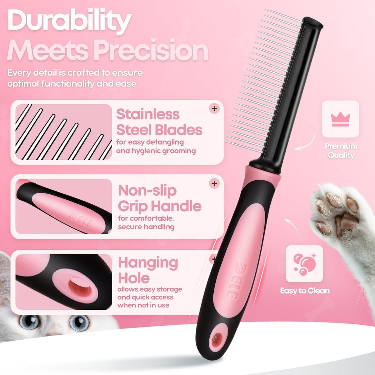 Metal Pet Comb for Cats & Dogs - Sturdy Stainless Steel Rounded Teeth with Non-Slip Soft Grip Handle Easy to Use Grooming Detangling Cat Combs for Indoor Cats, Pink
