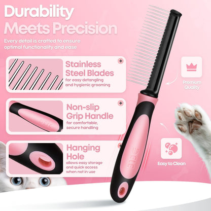 Metal Pet Comb for Cats & Dogs - Sturdy Stainless Steel Rounded Teeth with Non-Slip Soft Grip Handle Easy to Use Grooming Detangling Cat Combs for Indoor Cats, Pink