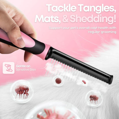 Metal Pet Comb for Cats & Dogs - Sturdy Stainless Steel Rounded Teeth with Non-Slip Soft Grip Handle Easy to Use Grooming Detangling Cat Combs for Indoor Cats, Pink