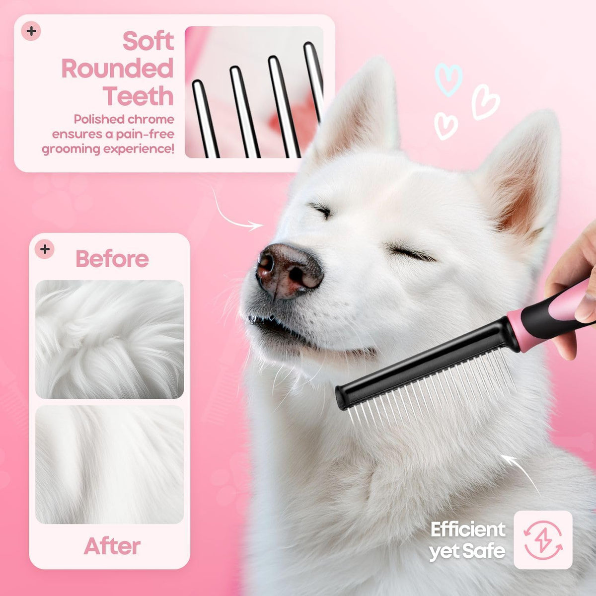 Metal Pet Comb for Cats & Dogs - Sturdy Stainless Steel Rounded Teeth with Non-Slip Soft Grip Handle Easy to Use Grooming Detangling Cat Combs for Indoor Cats, Pink