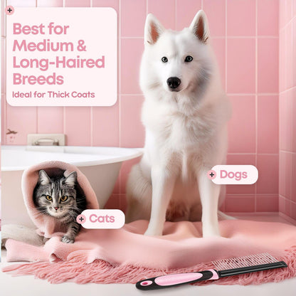 Metal Pet Comb for Cats & Dogs - Sturdy Stainless Steel Rounded Teeth with Non-Slip Soft Grip Handle Easy to Use Grooming Detangling Cat Combs for Indoor Cats, Pink