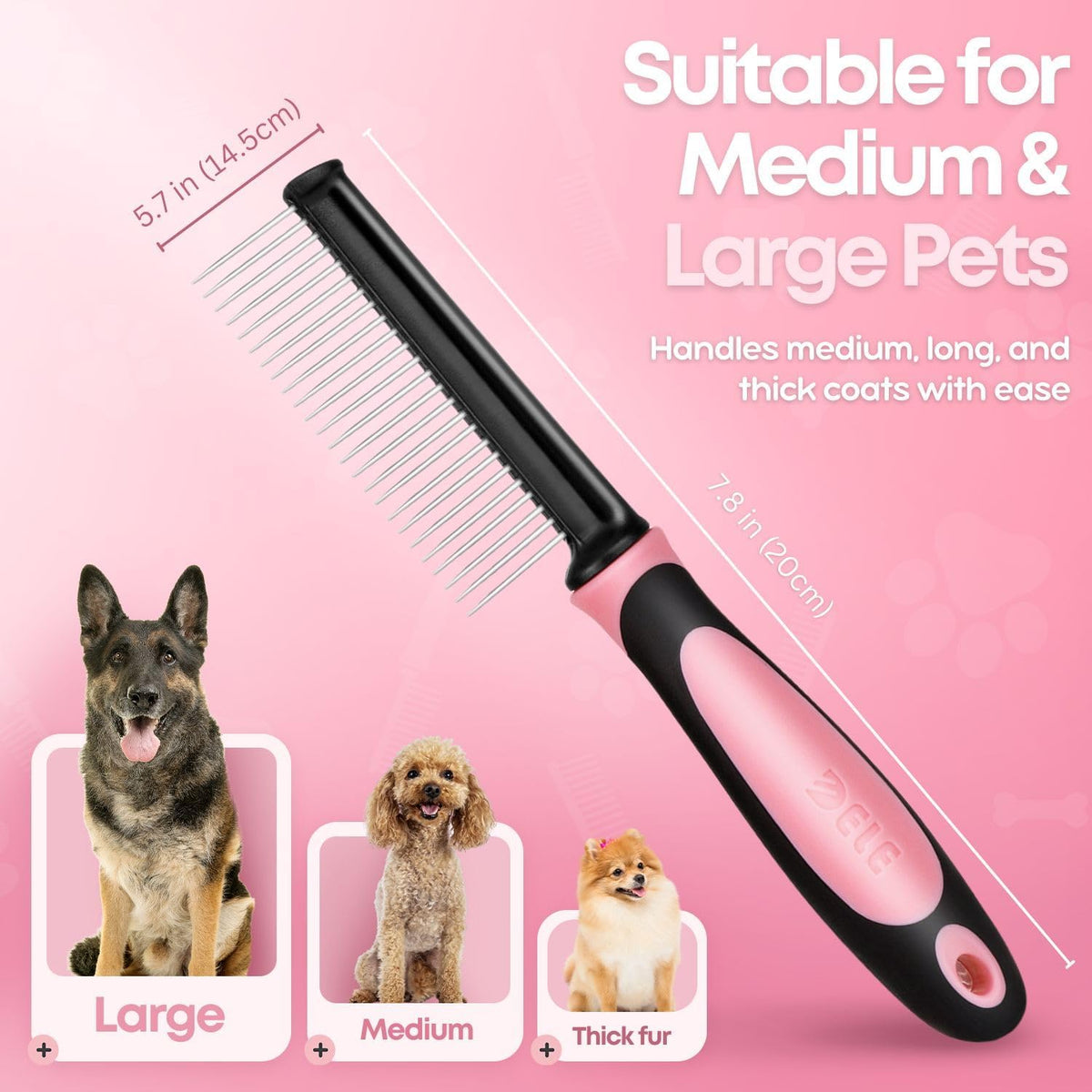 Metal Pet Comb for Cats & Dogs - Sturdy Stainless Steel Rounded Teeth with Non-Slip Soft Grip Handle Easy to Use Grooming Detangling Cat Combs for Indoor Cats, Pink