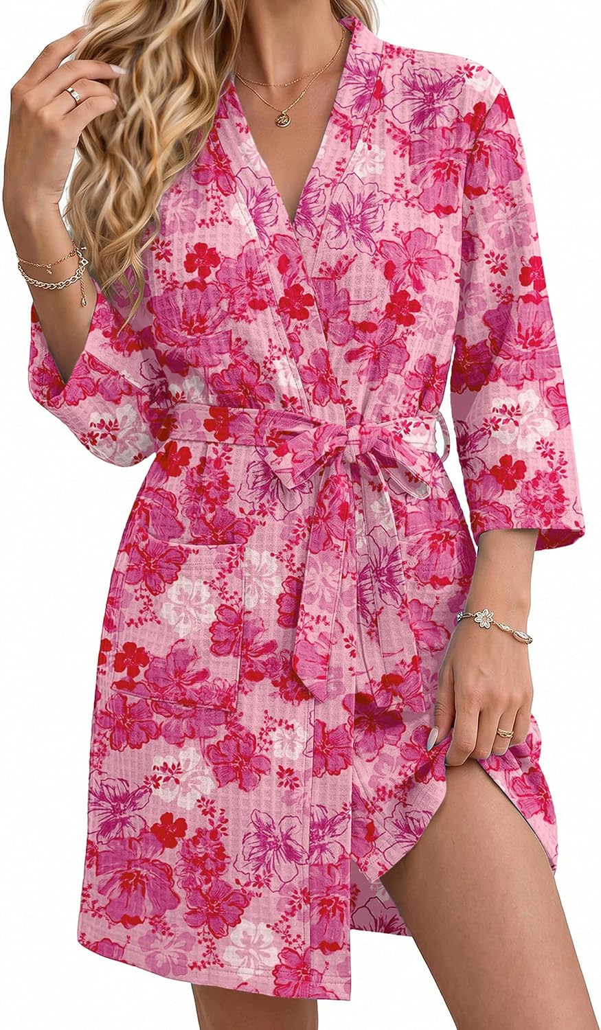 Robes for Women Lightweight Waffle Bath Robe Floral Loungewear