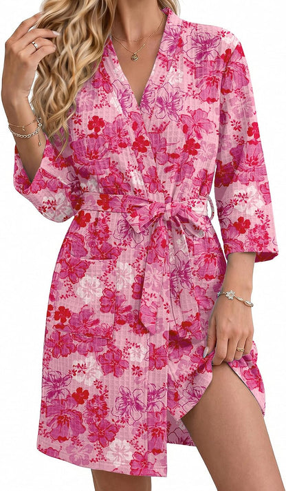 Robes for Women Lightweight Waffle Bath Robe Floral Loungewear