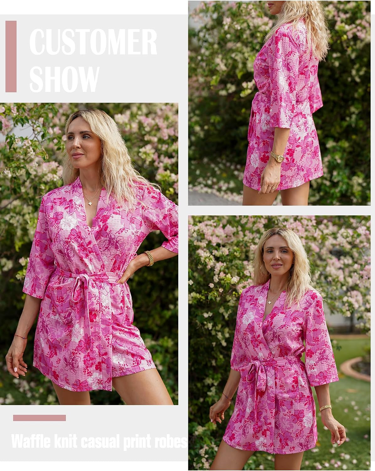 Robes for Women Lightweight Waffle Bath Robe Floral Loungewear