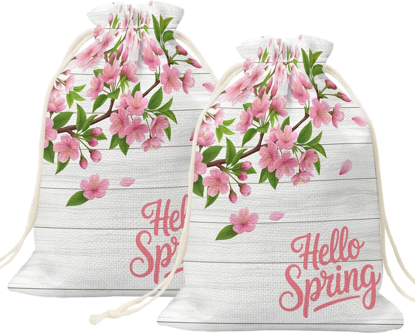 Victoroes Spring Peaches Drawstring Gift Bags 2 Pcs 11.8" x 15.7" Medium Peaches Flowers Wood Grain Gift Bag Reusable Fabric Wrap Bags for Wedding Party Birthday Holiday