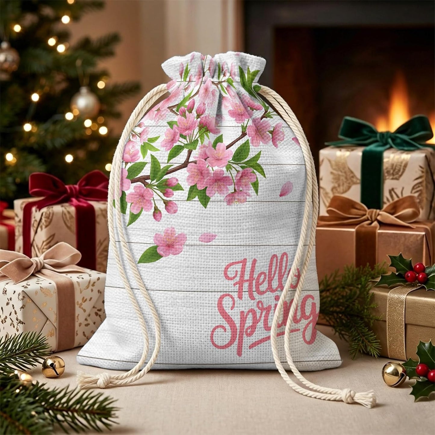 Victoroes Spring Peaches Drawstring Gift Bags 2 Pcs 11.8" x 15.7" Medium Peaches Flowers Wood Grain Gift Bag Reusable Fabric Wrap Bags for Wedding Party Birthday Holiday