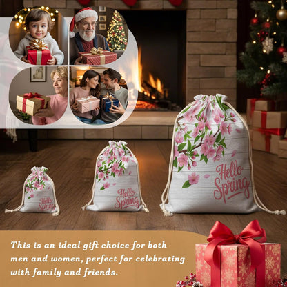 Victoroes Spring Peaches Drawstring Gift Bags 2 Pcs 11.8" x 15.7" Medium Peaches Flowers Wood Grain Gift Bag Reusable Fabric Wrap Bags for Wedding Party Birthday Holiday