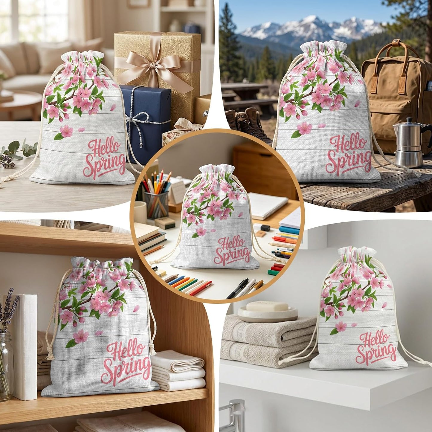 Victoroes Spring Peaches Drawstring Gift Bags 2 Pcs 11.8" x 15.7" Medium Peaches Flowers Wood Grain Gift Bag Reusable Fabric Wrap Bags for Wedding Party Birthday Holiday