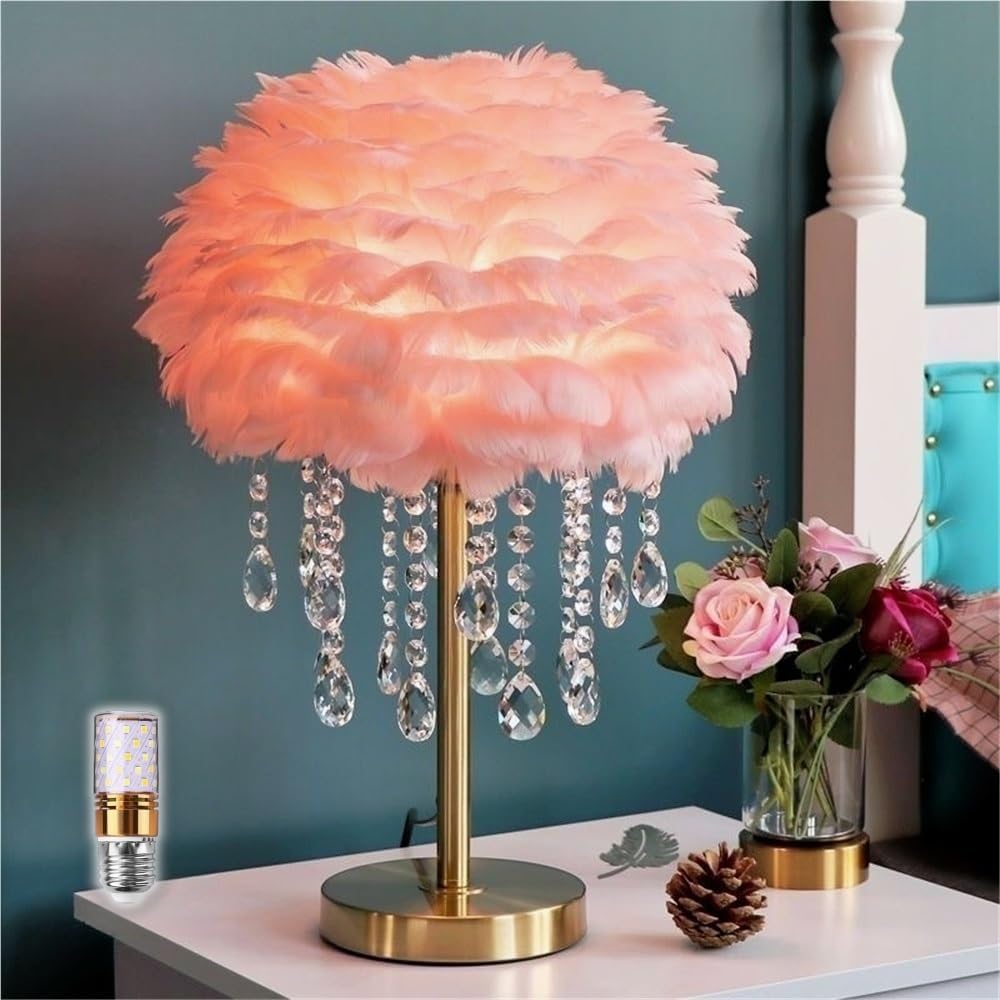 Modern Creative Feather Table Lamp with Crystal, Cute Romantic Princess Feather Bedside Table Light, Adjustable 3-Color Temperatures Dreamy Nightstand Light for Girls Room, Bedroom(Pink)