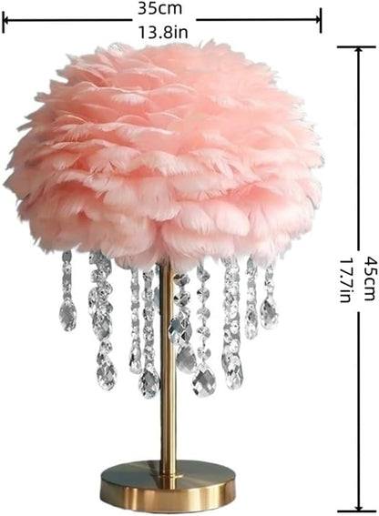 Modern Creative Feather Table Lamp with Crystal, Cute Romantic Princess Feather Bedside Table Light, Adjustable 3-Color Temperatures Dreamy Nightstand Light for Girls Room, Bedroom(Pink)