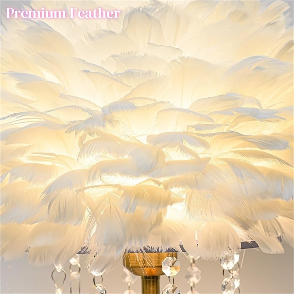 Modern Creative Feather Table Lamp with Crystal, Cute Romantic Princess Feather Bedside Table Light, Adjustable 3-Color Temperatures Dreamy Nightstand Light for Girls Room, Bedroom(Pink)