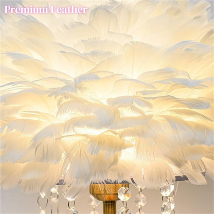 Modern Creative Feather Table Lamp with Crystal, Cute Romantic Princess Feather Bedside Table Light, Adjustable 3-Color Temperatures Dreamy Nightstand Light for Girls Room, Bedroom(Pink)