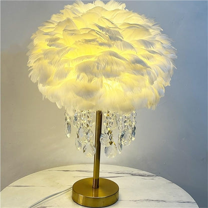 Modern Creative Feather Table Lamp with Crystal, Cute Romantic Princess Feather Bedside Table Light, Adjustable 3-Color Temperatures Dreamy Nightstand Light for Girls Room, Bedroom(Pink)