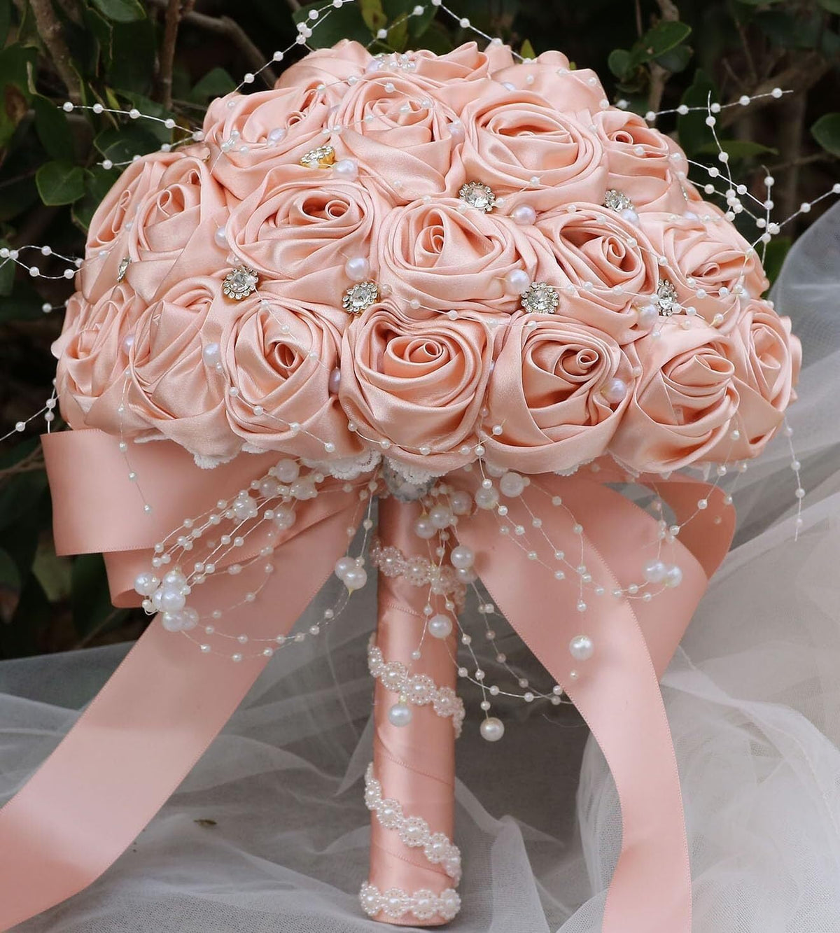 Romantic Wedding Bouquet Bridal Bridesmaid Round Bling Brooch Bouquet Throw Toss Artificial Rose Flower Bunch with Sparkle Rhinestone Crystal Decoration(Peach Pink,Dia. 6.3"*16cm)