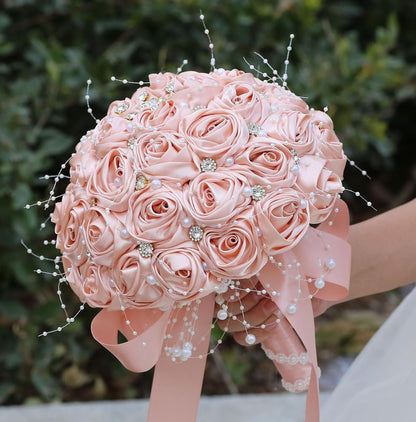 Romantic Wedding Bouquet Bridal Bridesmaid Round Bling Brooch Bouquet Throw Toss Artificial Rose Flower Bunch with Sparkle Rhinestone Crystal Decoration(Peach Pink,Dia. 6.3"*16cm)