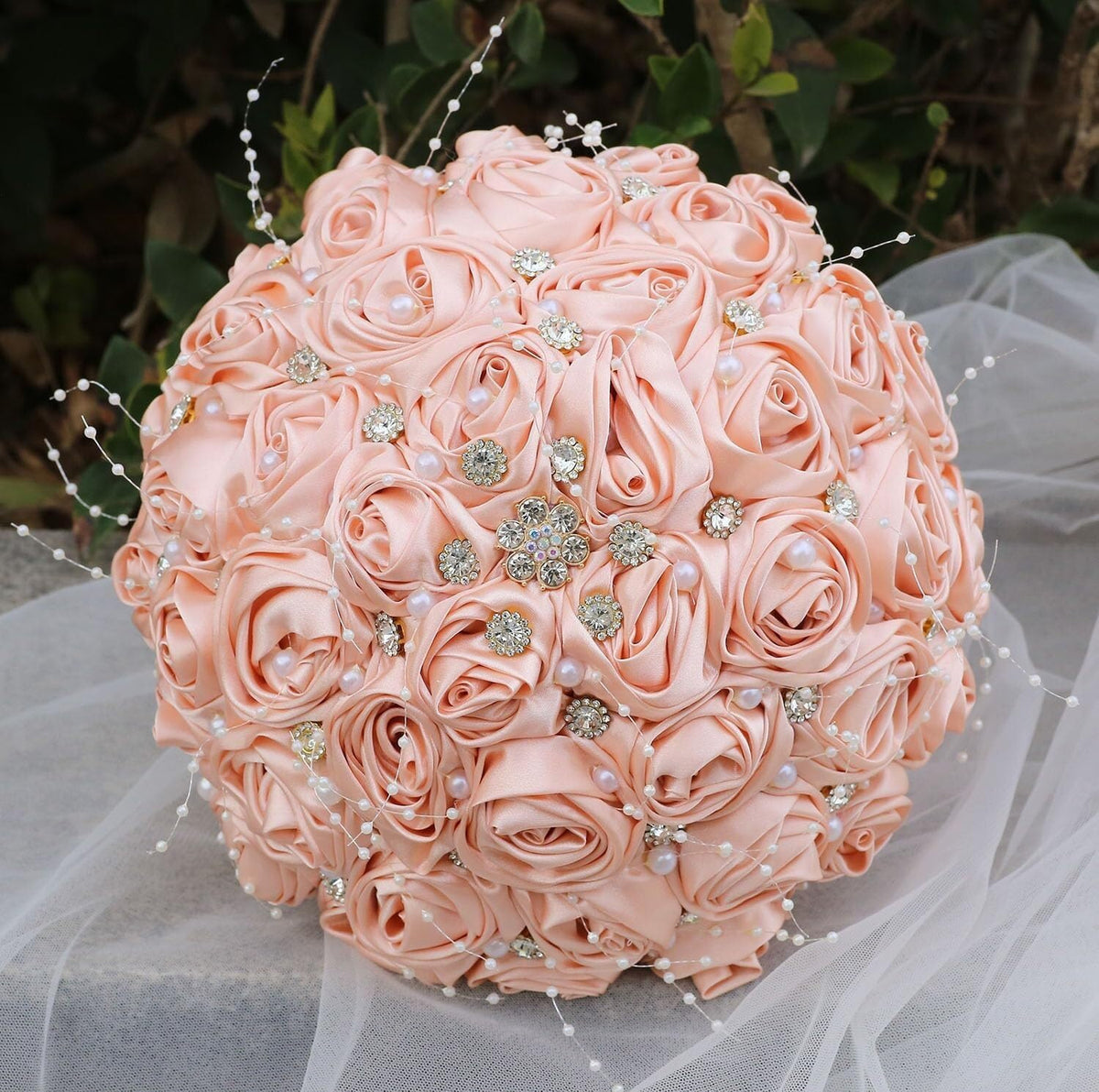Romantic Wedding Bouquet Bridal Bridesmaid Round Bling Brooch Bouquet Throw Toss Artificial Rose Flower Bunch with Sparkle Rhinestone Crystal Decoration(Peach Pink,Dia. 6.3"*16cm)
