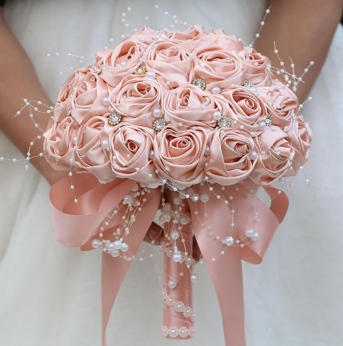 Romantic Wedding Bouquet Bridal Bridesmaid Round Bling Brooch Bouquet Throw Toss Artificial Rose Flower Bunch with Sparkle Rhinestone Crystal Decoration(Peach Pink,Dia. 6.3"*16cm)