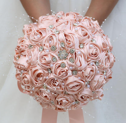 Romantic Wedding Bouquet Bridal Bridesmaid Round Bling Brooch Bouquet Throw Toss Artificial Rose Flower Bunch with Sparkle Rhinestone Crystal Decoration(Peach Pink,Dia. 6.3"*16cm)
