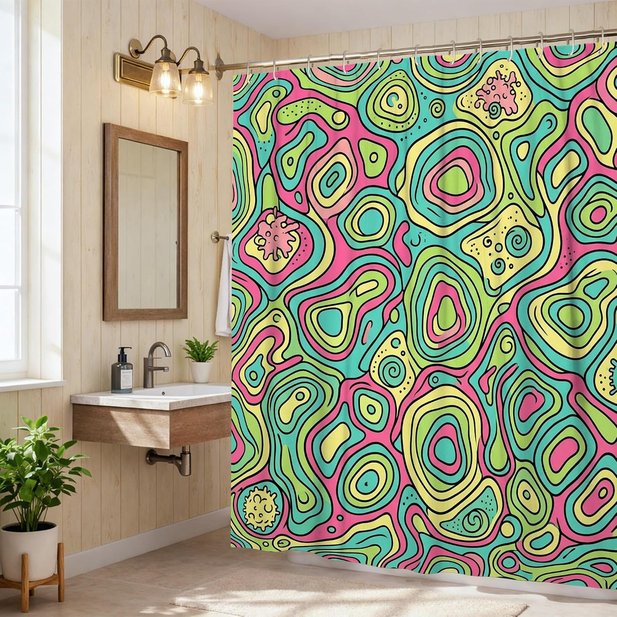 Swirls Shower Curtain, Modern Abstract Dots Curves Summer Peach Polyester Waterproof Bathtub Cloth Curtains for Bathroom Bathtub Apartment Decor 62x72 Inch