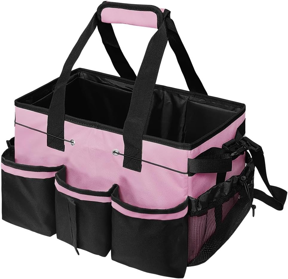 Wearable Cut-Off Cleaning Organizer, Housekeeping Organizer with Handles, Shoulder Strap and Removable Dividers for Tool Products, Housekeeping, Automotive, Home (Pink)