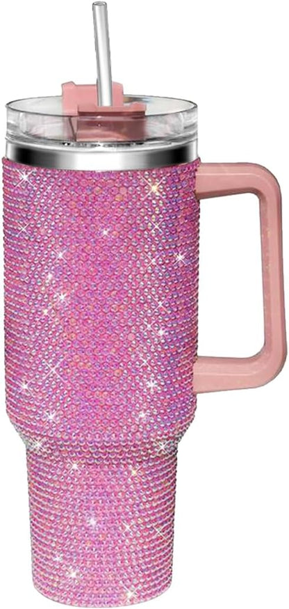 40oz Tumbler with Handle and Straw, Glitter Rhinestones Tumbler Bling Cups