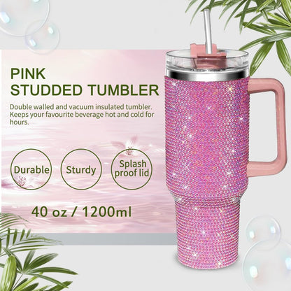 40oz Tumbler with Handle and Straw, Glitter Rhinestones Tumbler Bling Cups