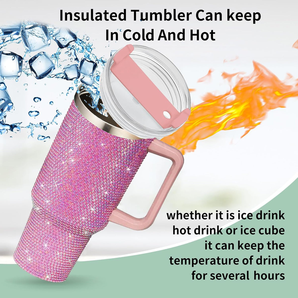40oz Tumbler with Handle and Straw, Glitter Rhinestones Tumbler Bling Cups