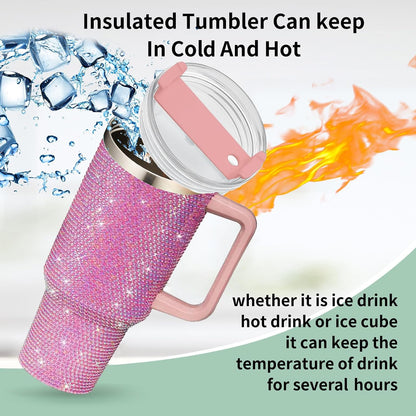 40oz Tumbler with Handle and Straw, Glitter Rhinestones Tumbler Bling Cups