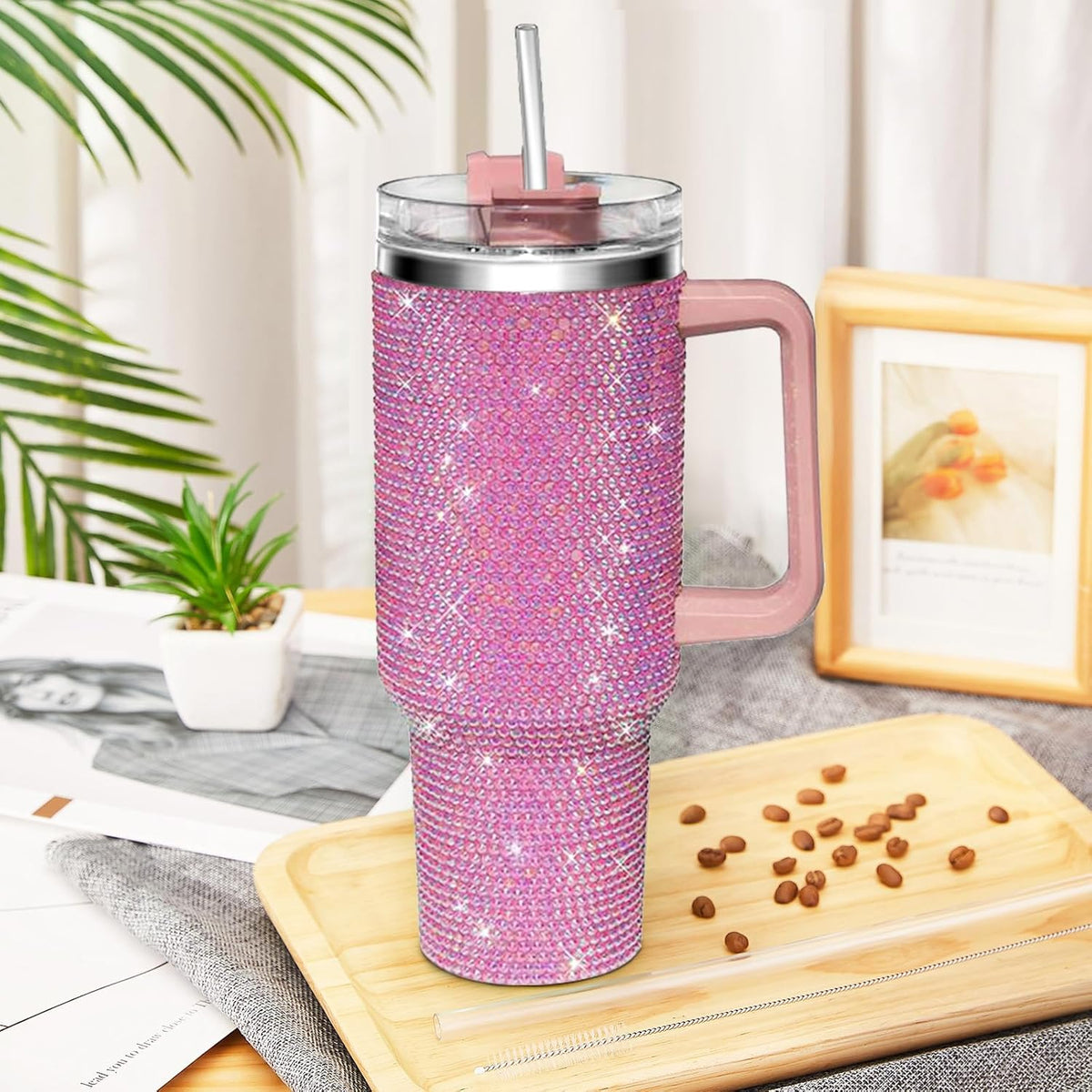 40oz Tumbler with Handle and Straw, Glitter Rhinestones Tumbler Bling Cups