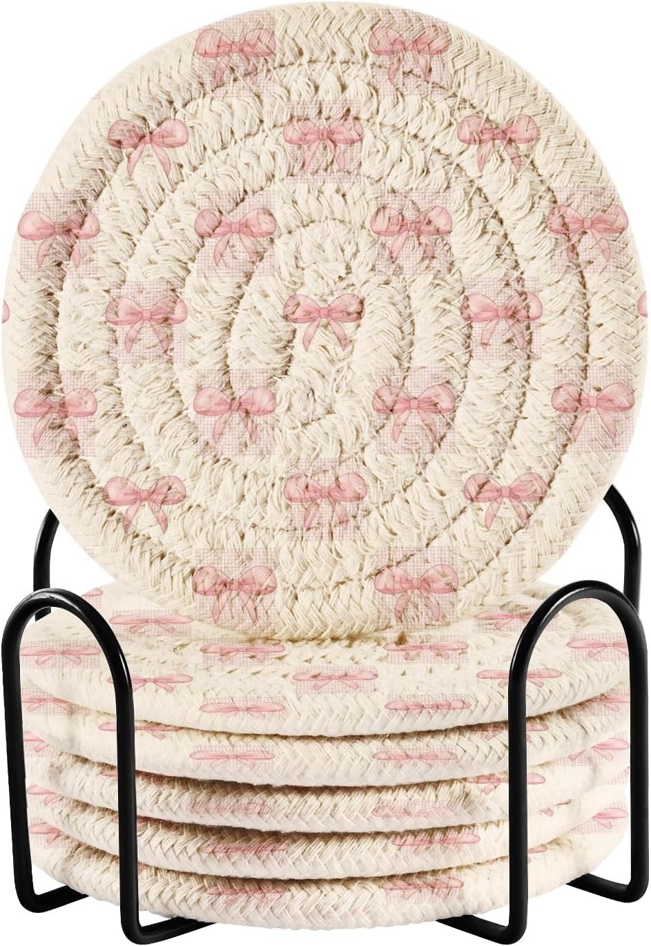 6 Pcs Drink Coasters with Holder Cute Pink Bow Beige Coasters for Drinks Woven Absorbent Cup Coaster for Coffee Table Living Room Decor Tabletop Protection