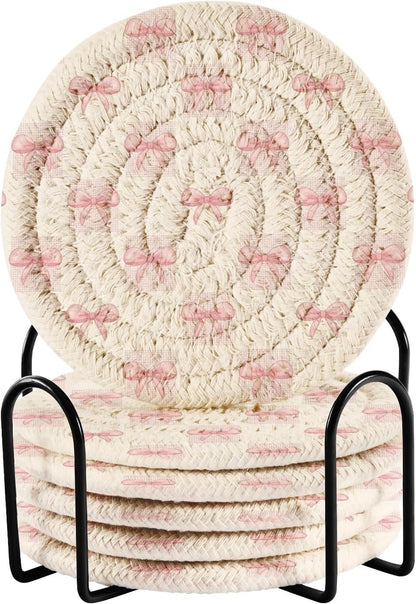 6 Pcs Drink Coasters with Holder Cute Pink Bow Beige Coasters for Drinks Woven Absorbent Cup Coaster for Coffee Table Living Room Decor Tabletop Protection