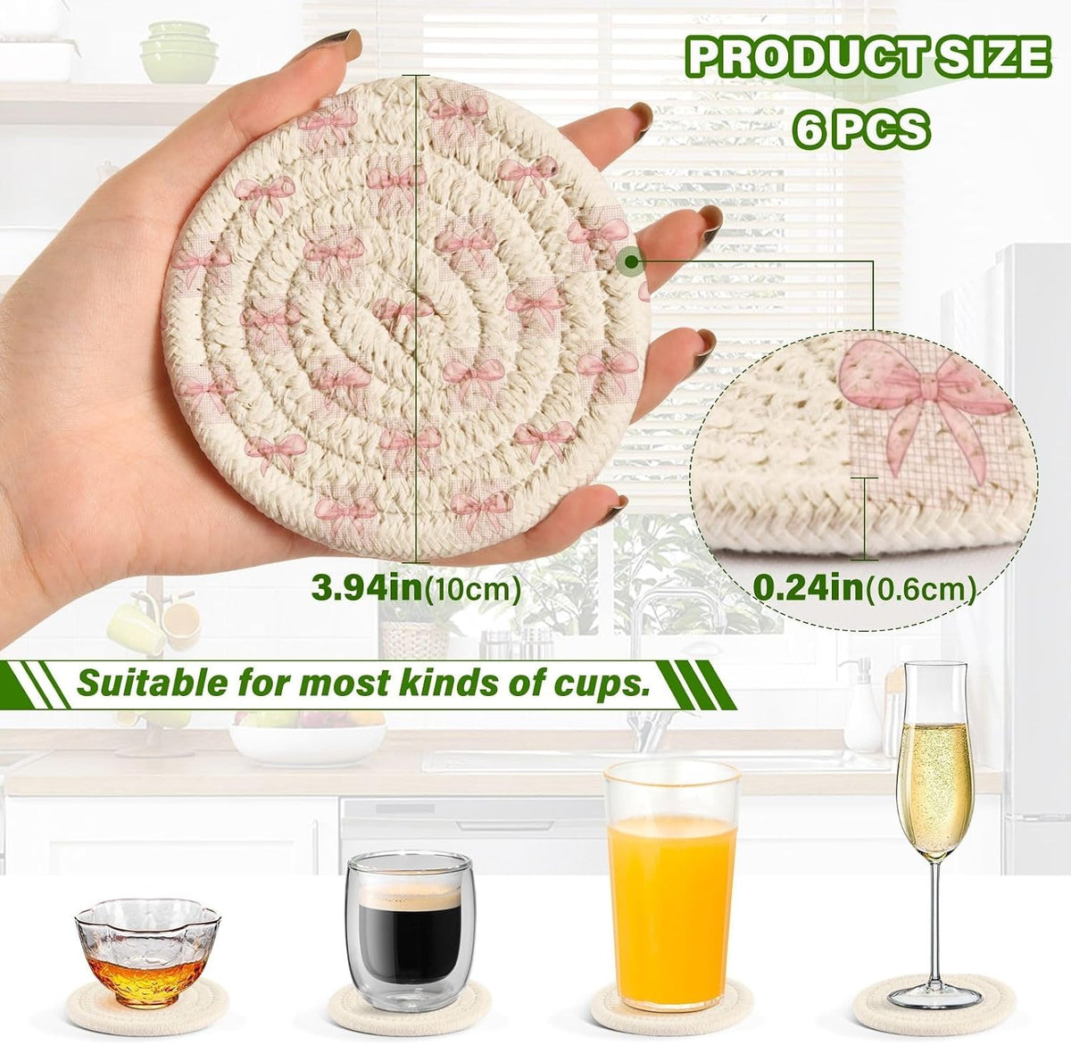 6 Pcs Drink Coasters with Holder Cute Pink Bow Beige Coasters for Drinks Woven Absorbent Cup Coaster for Coffee Table Living Room Decor Tabletop Protection