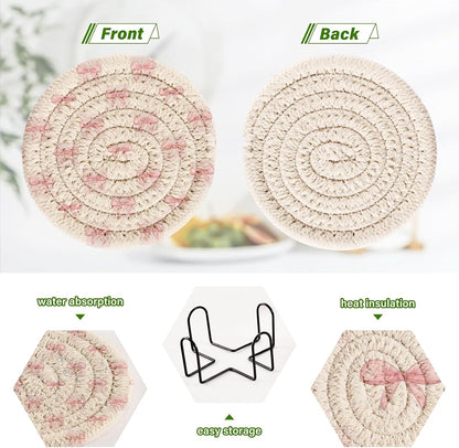 6 Pcs Drink Coasters with Holder Cute Pink Bow Beige Coasters for Drinks Woven Absorbent Cup Coaster for Coffee Table Living Room Decor Tabletop Protection