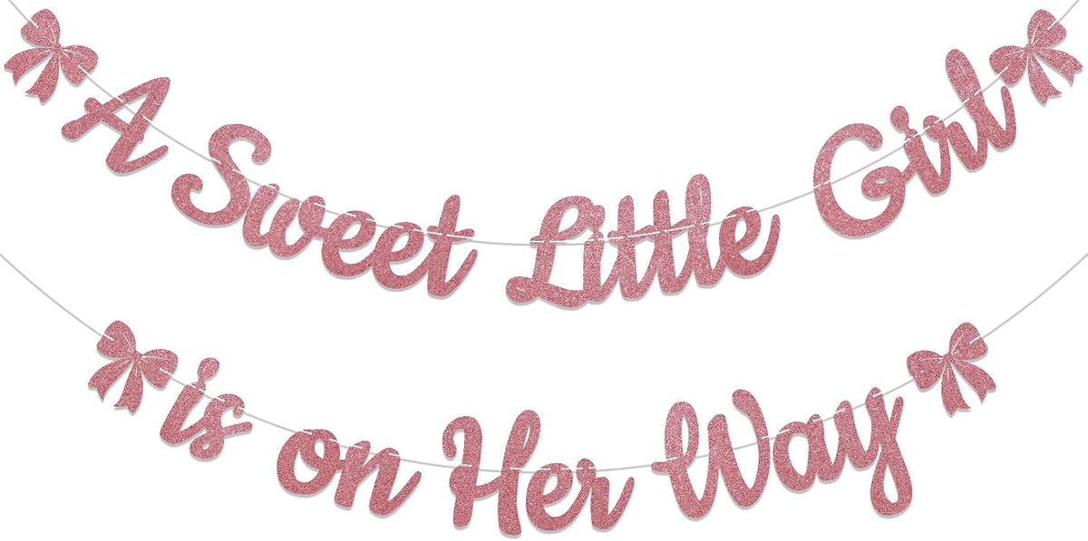 A Sweet Little Girl is on Her Way Banner - Pink Bow Baby Shower Decorations, Sweet Baby Girl Gender Reveal Party Decorations Rose Gold Glitter