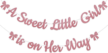 A Sweet Little Girl is on Her Way Banner - Pink Bow Baby Shower Decorations, Sweet Baby Girl Gender Reveal Party Decorations Rose Gold Glitter