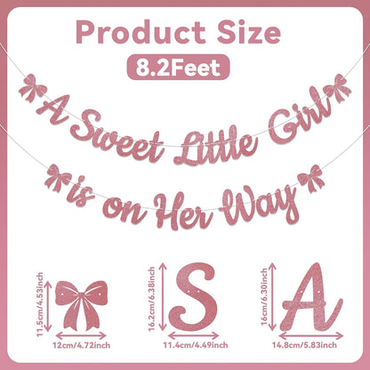 A Sweet Little Girl is on Her Way Banner - Pink Bow Baby Shower Decorations, Sweet Baby Girl Gender Reveal Party Decorations Rose Gold Glitter