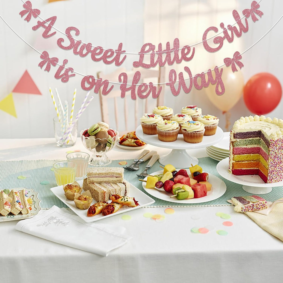 A Sweet Little Girl is on Her Way Banner - Pink Bow Baby Shower Decorations, Sweet Baby Girl Gender Reveal Party Decorations Rose Gold Glitter