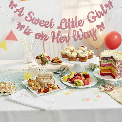 A Sweet Little Girl is on Her Way Banner - Pink Bow Baby Shower Decorations, Sweet Baby Girl Gender Reveal Party Decorations Rose Gold Glitter