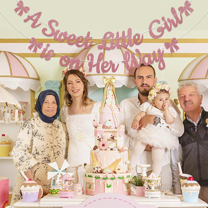 A Sweet Little Girl is on Her Way Banner - Pink Bow Baby Shower Decorations, Sweet Baby Girl Gender Reveal Party Decorations Rose Gold Glitter