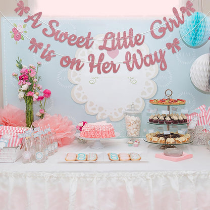 A Sweet Little Girl is on Her Way Banner - Pink Bow Baby Shower Decorations, Sweet Baby Girl Gender Reveal Party Decorations Rose Gold Glitter