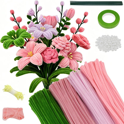 320 Pcs Pipe Cleaners Bulk Pipe Cleaner Flower Kit Craft Supplies Soft and Flexible Creative Suitable for Art DIY Packaging and Decoration- Green, Light Pink, Pink, Dark Pink