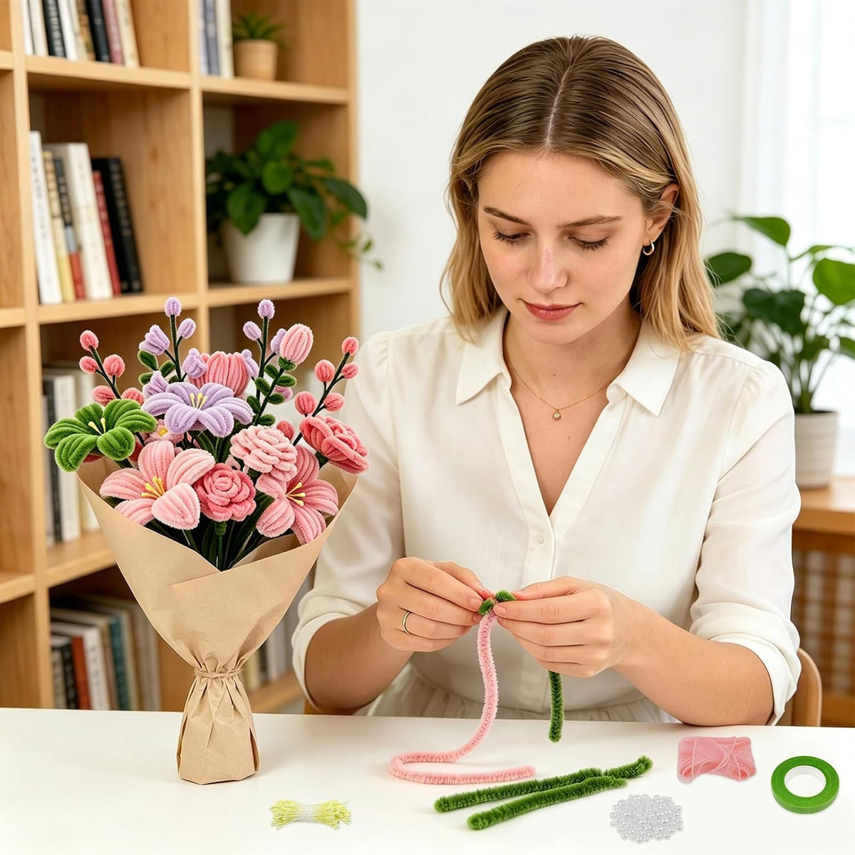 320 Pcs Pipe Cleaners Bulk Pipe Cleaner Flower Kit Craft Supplies Soft and Flexible Creative Suitable for Art DIY Packaging and Decoration- Green, Light Pink, Pink, Dark Pink