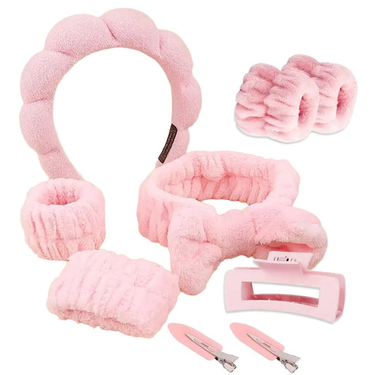7 Pcs Spa Set, Facial Headband and Wristband Set, Skincare Accessories, College Style Girl Gift, Hair Accessories for Women and Girls (Pink, One size)